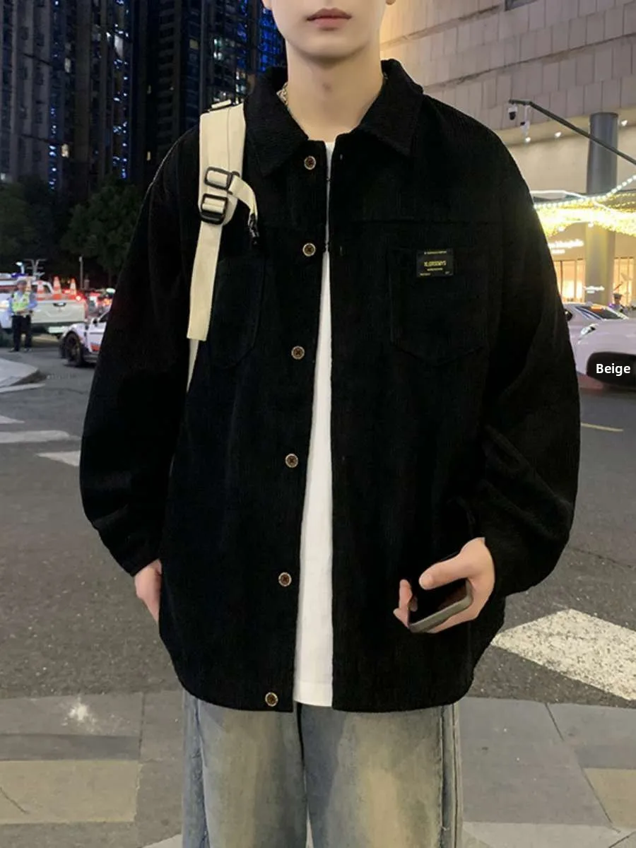 

Trendy Men's Corduroy Flannel irt Jaet Thiened Autumn Winter Workwear Loose Fit Long Sve Pure Color Turn-down Collar