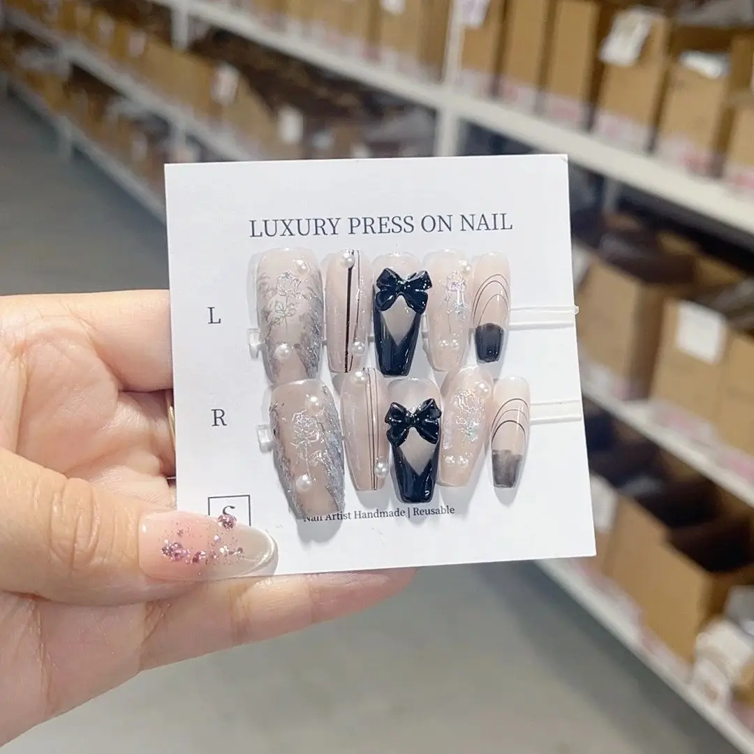 Белый французский лук с тиснением розового геля, многоразовый, высококачественный, элегантный, белый, ручной работы, пресс на ногтях. No B024