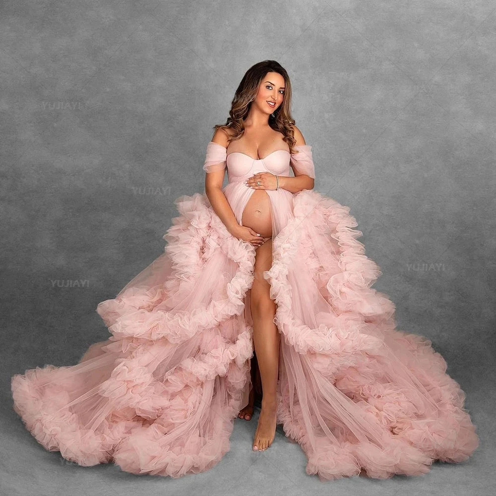 Vestidos de maternidad con volantes escalonados para sesión de fotos, una línea, hombros descubiertos, batas de mujer embarazada, ropa de dormir nupcial con abertura frontal para Baby Shower