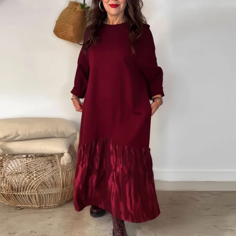 2026 primavera Patchwork Tie-tinte dibujo vestidos largos mujer Sexy cuello redondo suelto Jersey vestido otoño manga larga sudaderas vestido