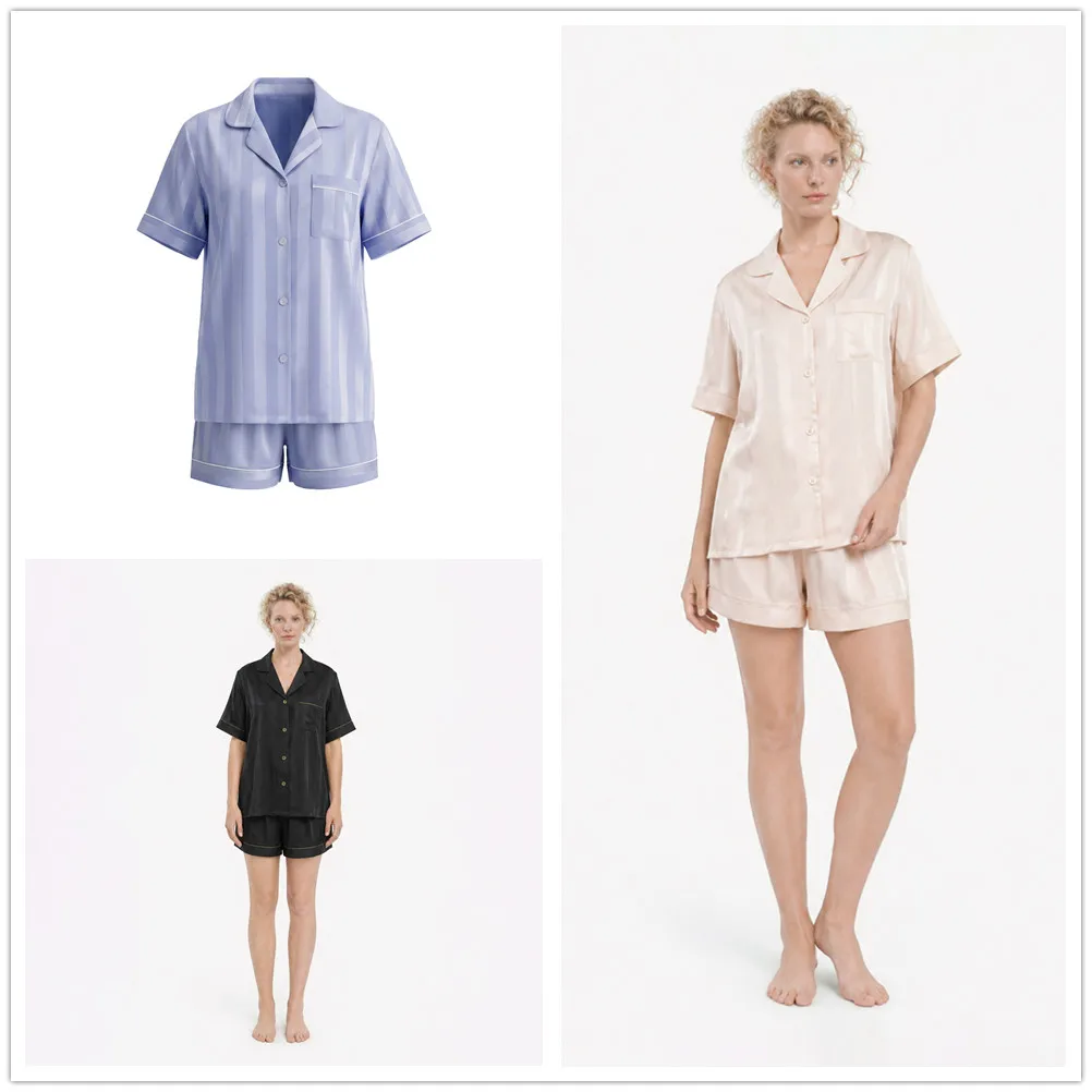 Summer Women Short Sleeve Pajamas Set Shorts Loungewear Striped Jacquard Satin Nightwear Loose Pyjama Femme Homewear