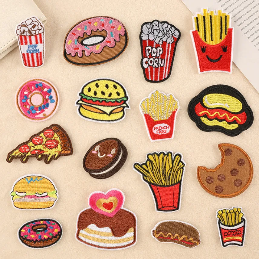 10 Pcs Chip Hamburger Popcorn Pizza Iron On Embroidery Patch Clothing Hat Bag Shoe Repair Phone Gift Box Decor DIY Accessory