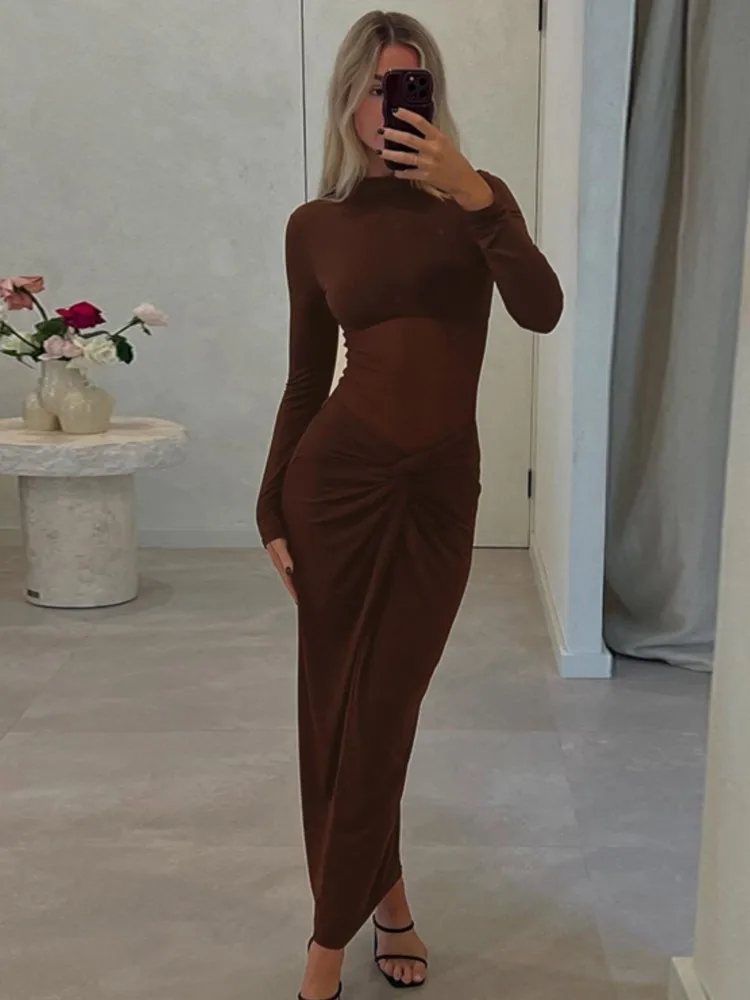 Langarm Geraffte, Figurbetontes Kleid Frauen Rollkragen sexy Club Maxi Kleider 2025, Herbst Winter Dünne Stretchy Party Vestidos
