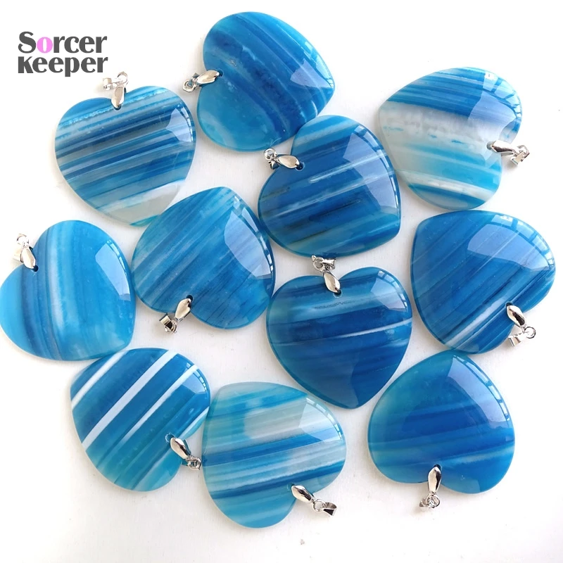 Smooth Blue Dragon Vein Agate Pendant Necklace Bracelet Geometric Craft Heart Natural Stone Jewelry Making Accessories BP882