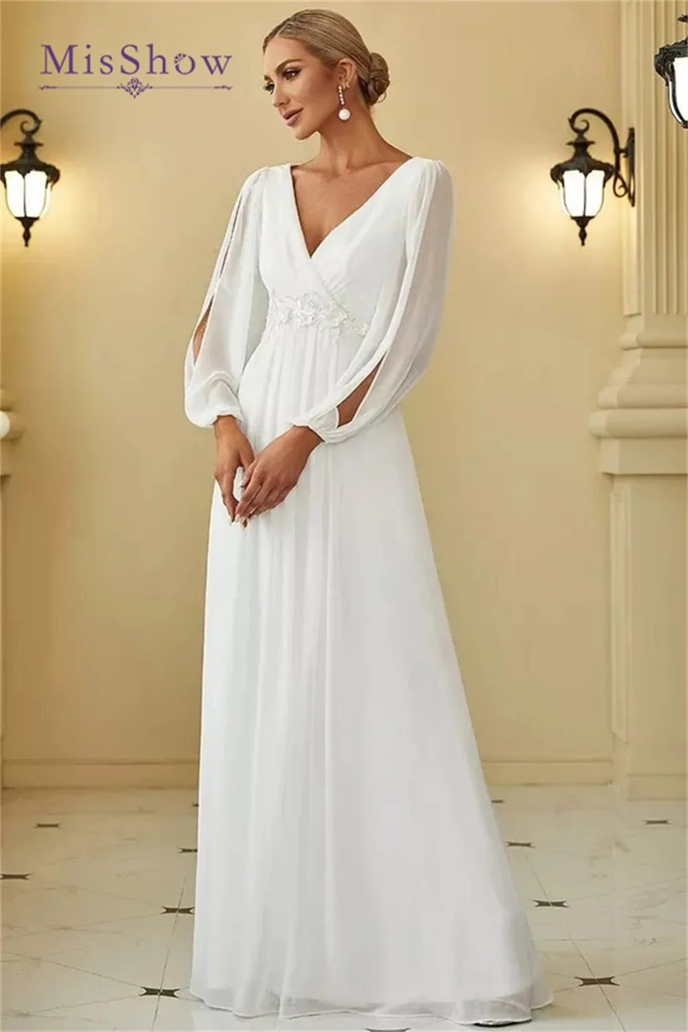 MisShow Simple Wedding Dresses For Women 2024 Elegant V-Neck Chiffon White Long Slit Sleeves A-Line Lace Boho Bridal Gowns