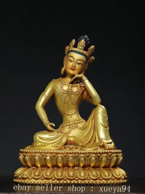7.8'' Old Tibet Buddhism Bronze Gilt Free Kwan-yin Guanyin Goddess Buddha Statue