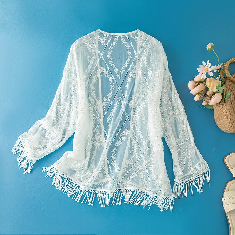 Winsleter-Women 100%Real Silk Elegant Sunscreen Tops, Long Sleeve Tassels, Versatile Loose Sunshade Coat, 2025 Summer C55402CC