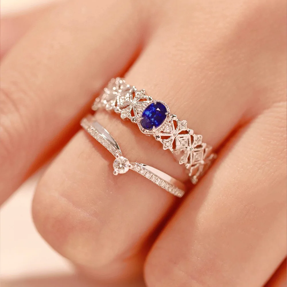 

Bucci Style Unisex 925 Silver Lace Bule Sapphire Band For Male Female Vintage Clover Couple Rings Luxury Designer Fine Jewelry