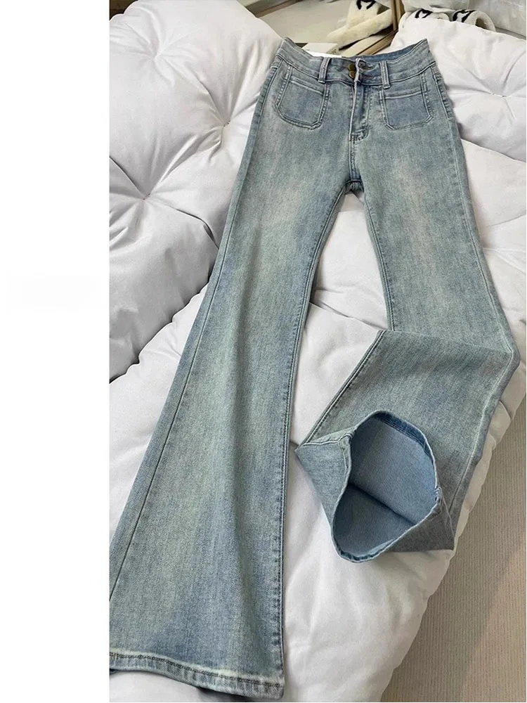 

Light Wash Women's Spring New Elastic Flared Jeans High Waist Long Pants Casual Style Bootcut Trousers for Pear Shaped Body