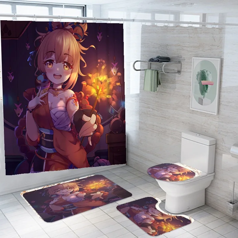 Game Genshin Impact Shower Curtain Kawaii Loli Hutao Venti Keqing Printed Bath Mat Set Bath Curtain Anime Bathroom Toilet Gift