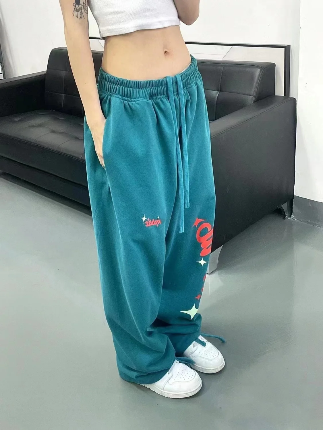 

New Fashion Star Hip Hop Joggers Sports Wide Leg Pants Girls Y2k Women's Streetwear High Waist Baggy Pants Draping Trousers Yk2
