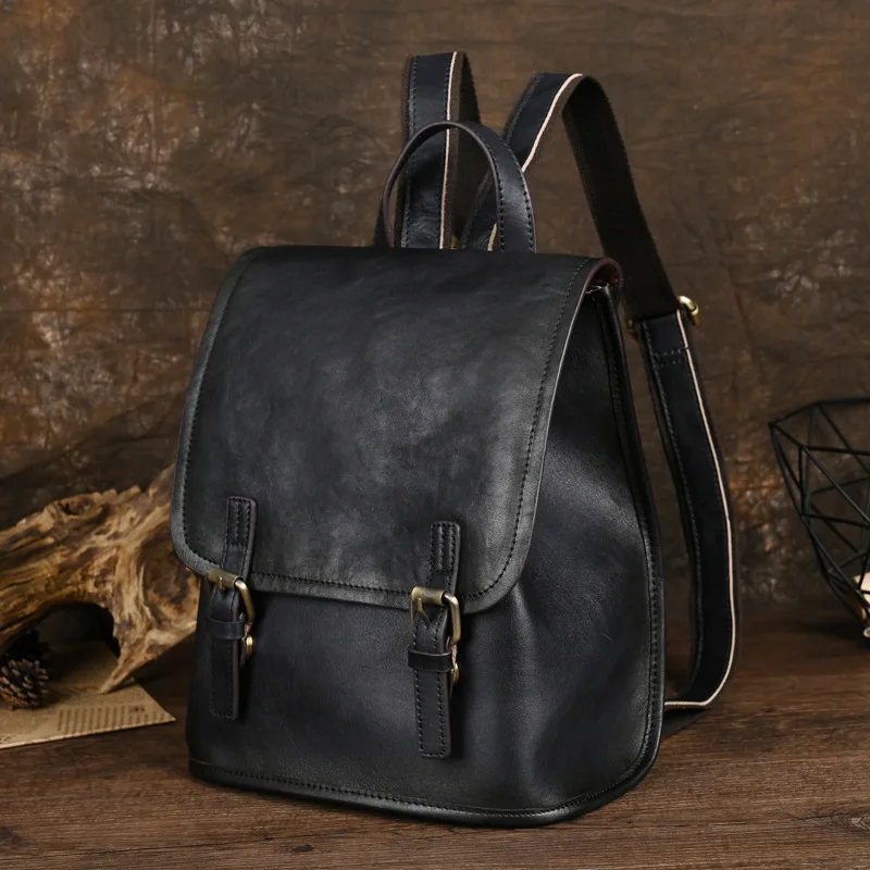 Vintage Genuine Leather Backpack Woman Black Female Real Cow Leather Bagpack Anti theft Ladies Double Shouder Bag