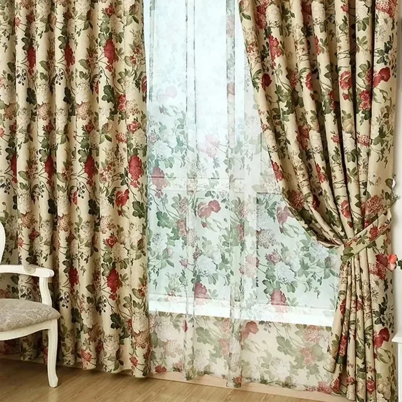 American Pastoral Warm Natural Printed Floral Curtains Living Room Bedroom Balcony Curtains