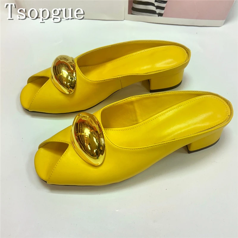 Women Stylish Peep Toe Mules Luxury Desgin Golden Metal Decor Low Heels Slippers for Office, Casual Wear
