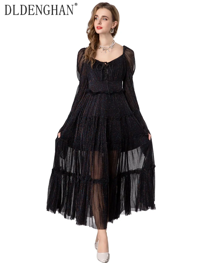 DLDENGHAN Elastic Waist Draw String Dress For Women Square Collar Flare Sleeves Ruffles Vintage Dresses Early Autumn Female