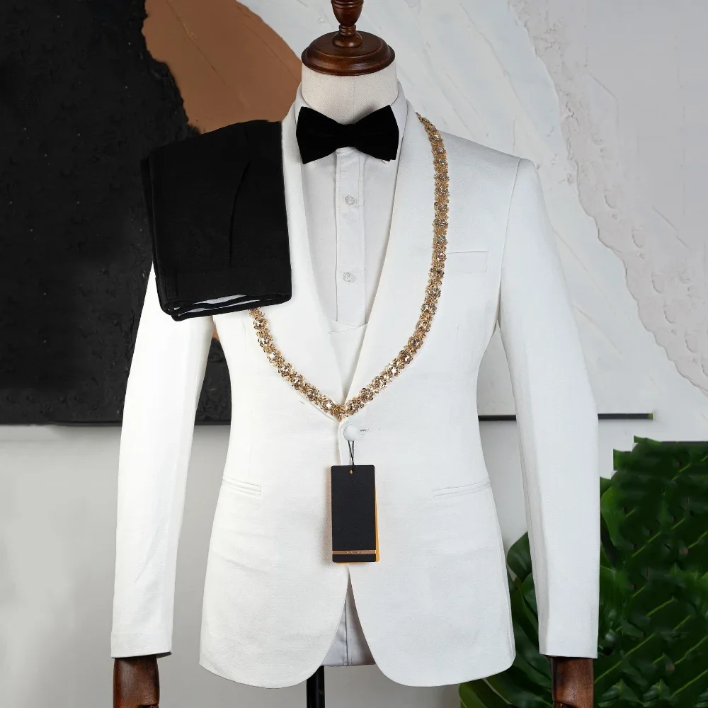 Luxury Neck Crystal Design Men Suit Formal Occasion Groom Groomsman Wedding Party Prom Male Tuxedos 2 Piece Set Blazer Pants