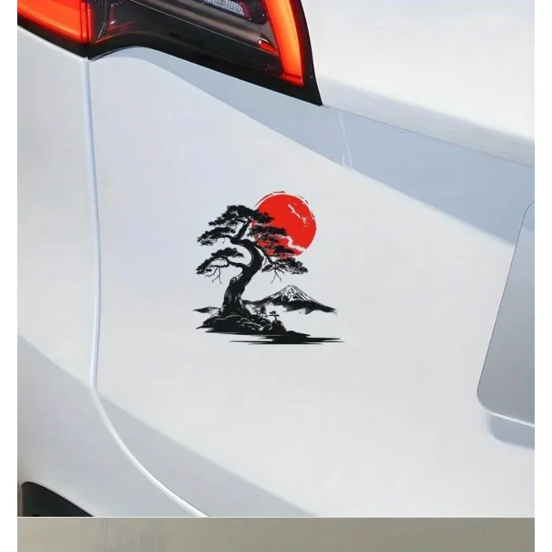 QF-1234 Japanese Bonsai & Mount Fuji Vinyl Sticker, Durable PVC Scratch-Resistant Car Window Laptop Decal