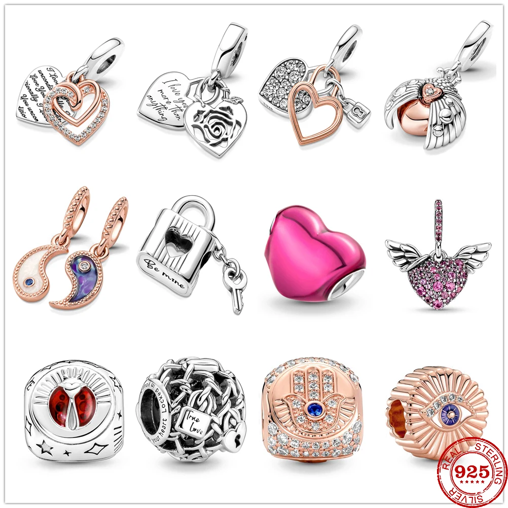 New 925 Sterling Silver Pavé Heart & Angel Wings Lover Charms Pandora DIY fine beads Fit Original Pandora Charm Bracelet Jewelry