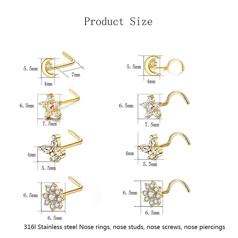 8Pcs 20G Stainless Steel Nose Rings for Women, Nose Rings Hoops L Shaped Nose Studs Screw Nose Piercing Jewelry for Women Men