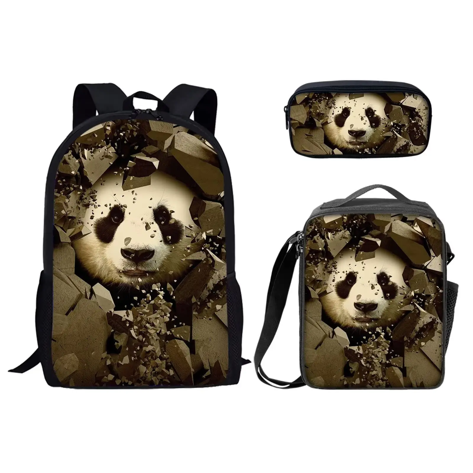 

Cute Panda Printed 3 Piece Backpack Set with Lunch Bag Pen Bag for Boys Girls Student High Capacity Book Bag Casual Backpack