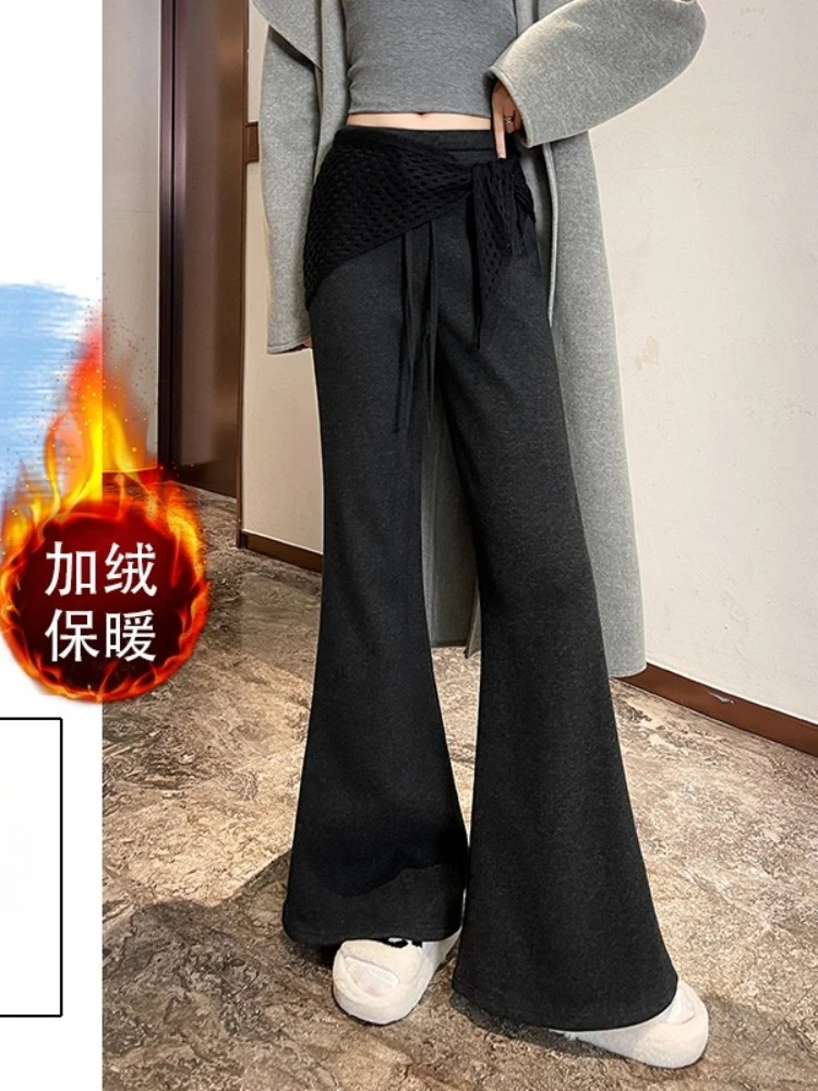 Fake two piece fart curtain layered bell bottom pants women in winter with plush high waisted casual micro bell bottoms