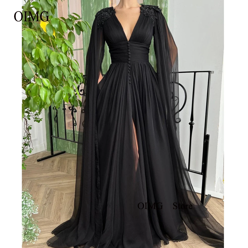 

OIMG Modern Black Chiffon Evening Dresses V Neck Long Cape Sleeves Buttons Slit Applique Formal Prom Gowns Saudi Arabic Women