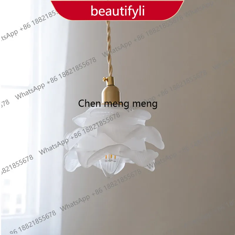 

01A American retro brass bar dining room bedroom bedside lamp French petal glass single head chandelier