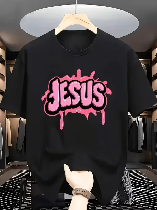 Streetwear Urban Graffiti Jesus Print T-shirt Men Women Hip Hop Short Sleeve Graphic Tee Casual Cotton Religious Art Style Top