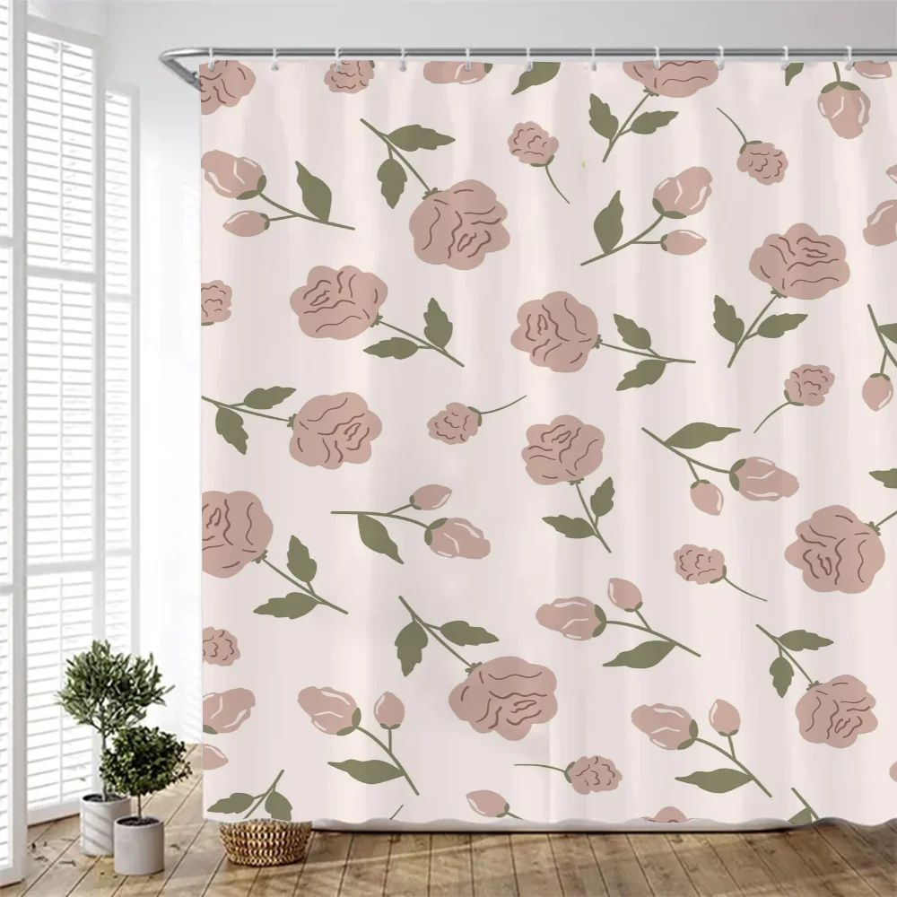 Lovely Rose Bathroom Curtain Folding Partition Bath Shower Curtains Accessories Bedrooms Waterproof Fabric Things the Set Home