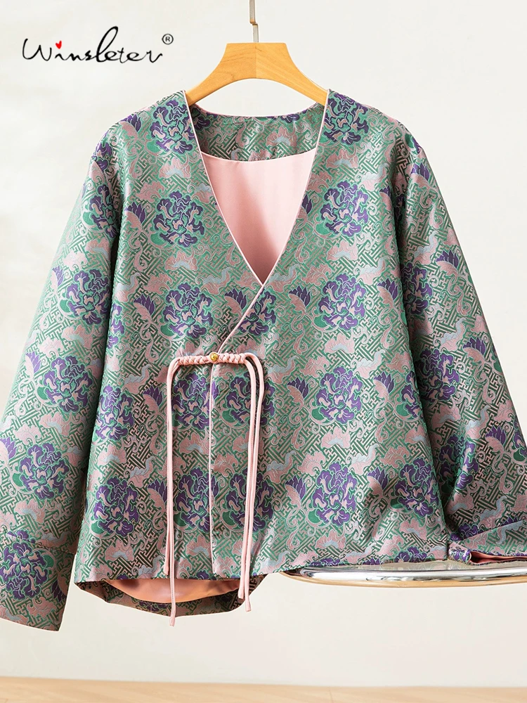 

Winsleter-100%Real Silk Song Brocade Elegant Coat, V Neck Geometry, Women Retro Temperament Chic Loose Coat, 2025 Fall C5N442CC