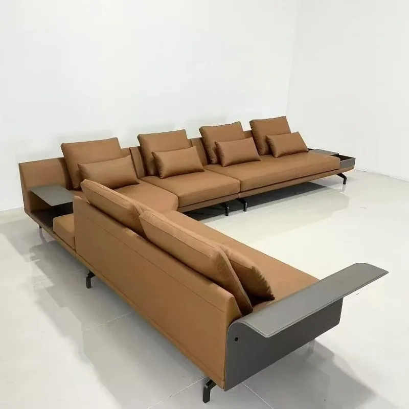 Living Room Home Italian Designer Straight Saddle Leather Armrest Straight Leather Sofa Four-person Corner Sofa