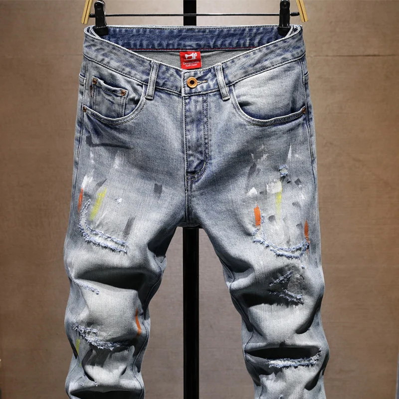 Street Designer Fashion Men Jeans Retro Blue Stretch Slim Fit Painted Ripped Jeans Men Hip Hop Vintage Y2K Denim Pants Hombre