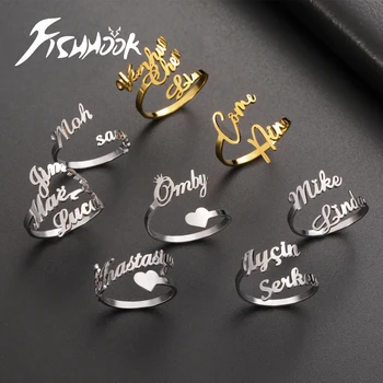 Fishhook מותאם אישית שם כפול טבעת אצבע עבור נשים גברים טבעות אישית זוג מתנה משפחה צבע זהב נירוסטה תכשיטים