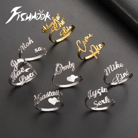 Anillo de dedo personalizado con doble nombre para mujeres y hombres, anillos personalizados, regalo familiar para parejas, joyería de acero inoxidable de Color dorado