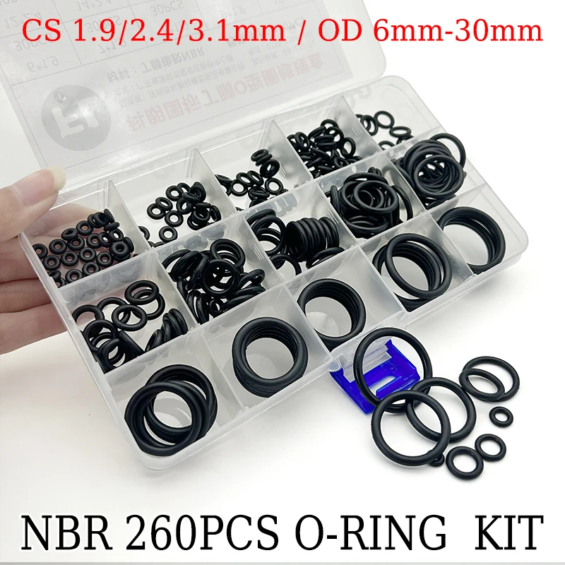 260Pcs Assorted NBR O-Ring Nitrile Rubber Sealing Assortment Kit CS 1.9/2.4/3.1mm OD 6mm-30mm Oil-Proof for Machinery Automotive