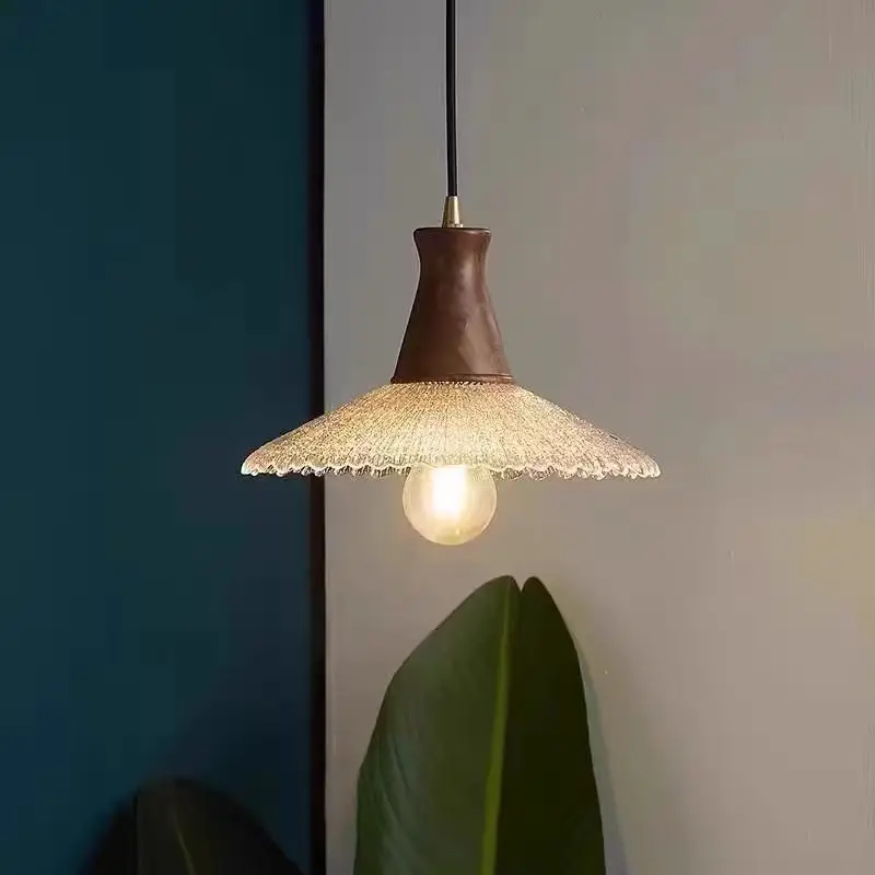 Vintage Brass Walnut Glass Pendant Light for Dining Entryway Bar, French Japanese Retro Small Hanging Lamp for Bedside, Decor