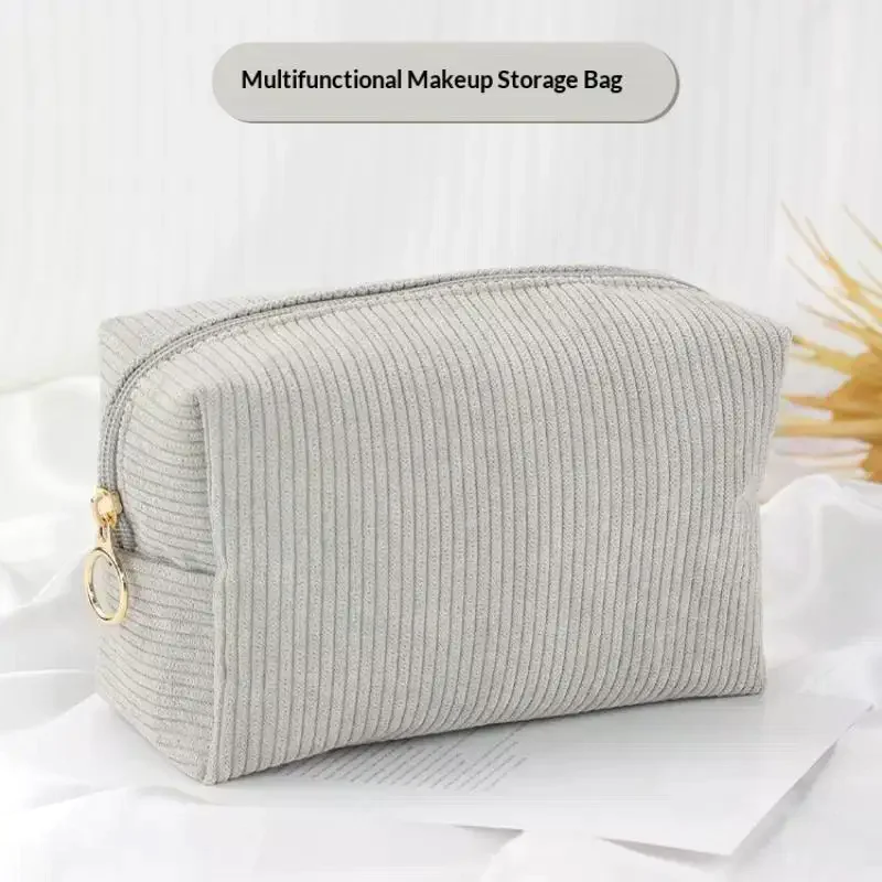 Compact Corduroy Toiletry and Cosmetic Pouch with Sanitary Pad Slot for Travel