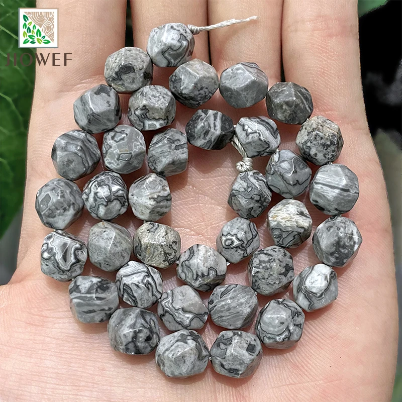Natural Smooth Faceted Gray Map Jaspers Spacers Loose Beads for Jewelry Making DIY Bracelet Accessories 14
