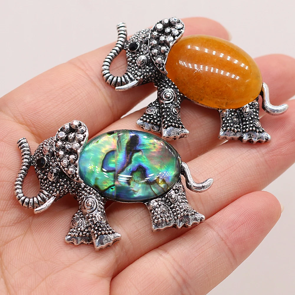 Hot Sale Natural Gem Stone Crystal Brooch Lucky Elephant Antique Abalone Shell Pins for DIY Charms Necklace Making Jewelry Gift