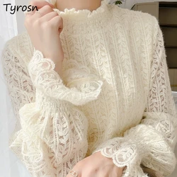 Long Flare Sleeve T-shirts Women Elegant Slim Lace Hollow Out Korean Trendy Plus Velvet Autumn Winter Underlay All-match Chic