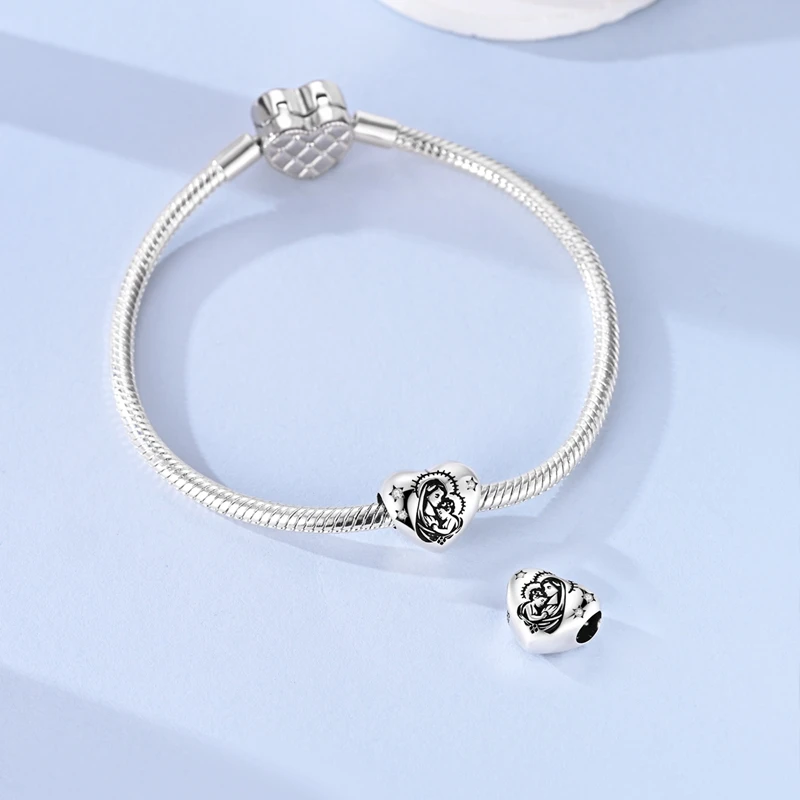 Original 925 Sterling Silver Bead Charms Holy Mother Heart the Virgin Mary Bead Fit Original Bracelet For Women DIY Jewelry Gift