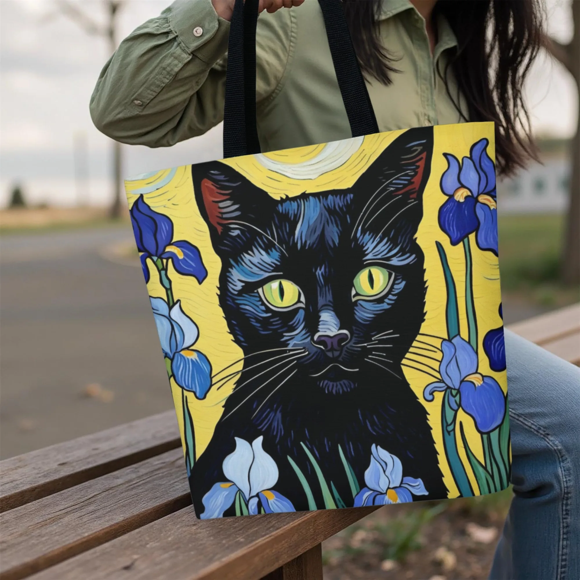 فان جوخ نمط القط الأسود والقزحية قماش حمل حقيبة الانطباعية الفن طباعة حقيبة كتف قابلة لإعادة الاستخدام هدية مثالية لمحبي الفن والقطط #1