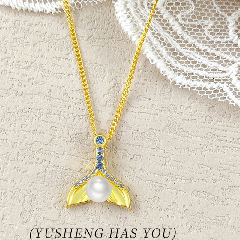 S925 sterling silver Yusheng necklace for women, niche design, micro-encrusted zircon, natural pearl fish tail pendant