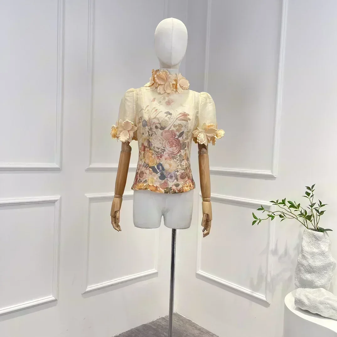 Flowers Appliques 2023 New High Quality Vintage Short Sleeve Floral Print Blouse and Self Tie Linen Midi Skirt Women Elegant Set