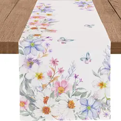 Spring Floral Watercolor Butterfly Colorful Wildflowers Burlap Linen Table Runners for Home Holiday Indoor Outdoor Wedding Party