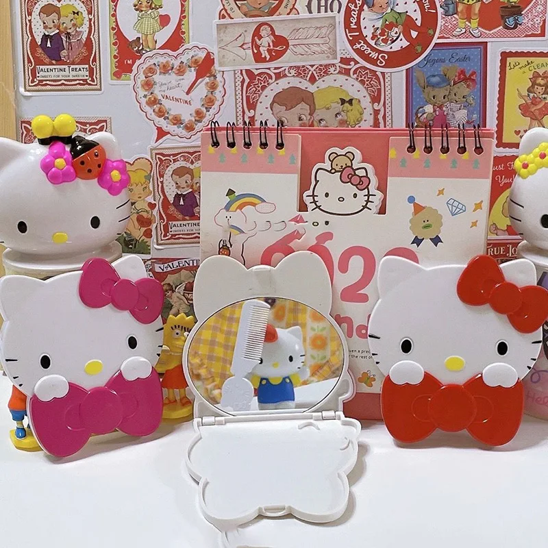 New Cartoon Hello Kitty Mirror Kawaii Mini Portable Fold Anime Comb Creative Anime Products Cosmetic Mirror Cute Girl Gifts Toys