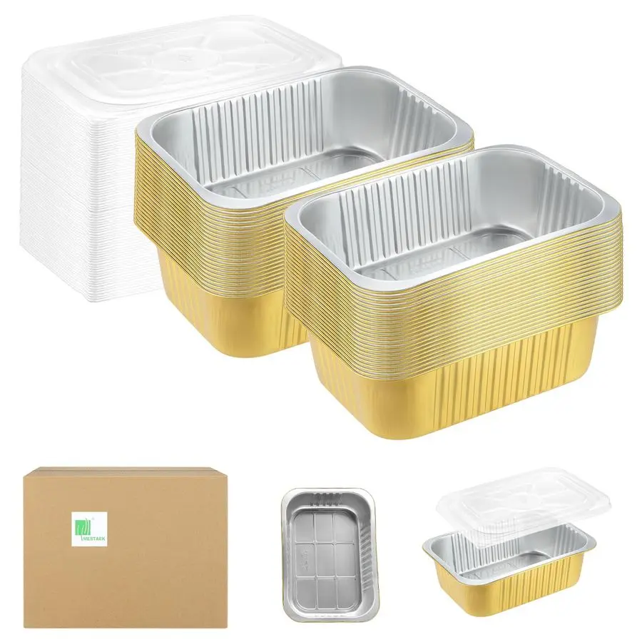 

Sturdy Foil Pans SnapOn Lids 50 Packs 2X Thicker Heavy Duty Reusable Foil Tin 112oz Grill Oven Microwavable Pan, 3.3 Deep Dispos