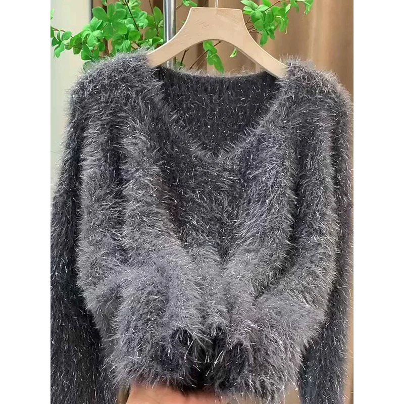 Gray V-neck Imitation Mink Velvet Soft Waxy Jacket for Women Autumn and Winter Loose Bright Silk Sweater