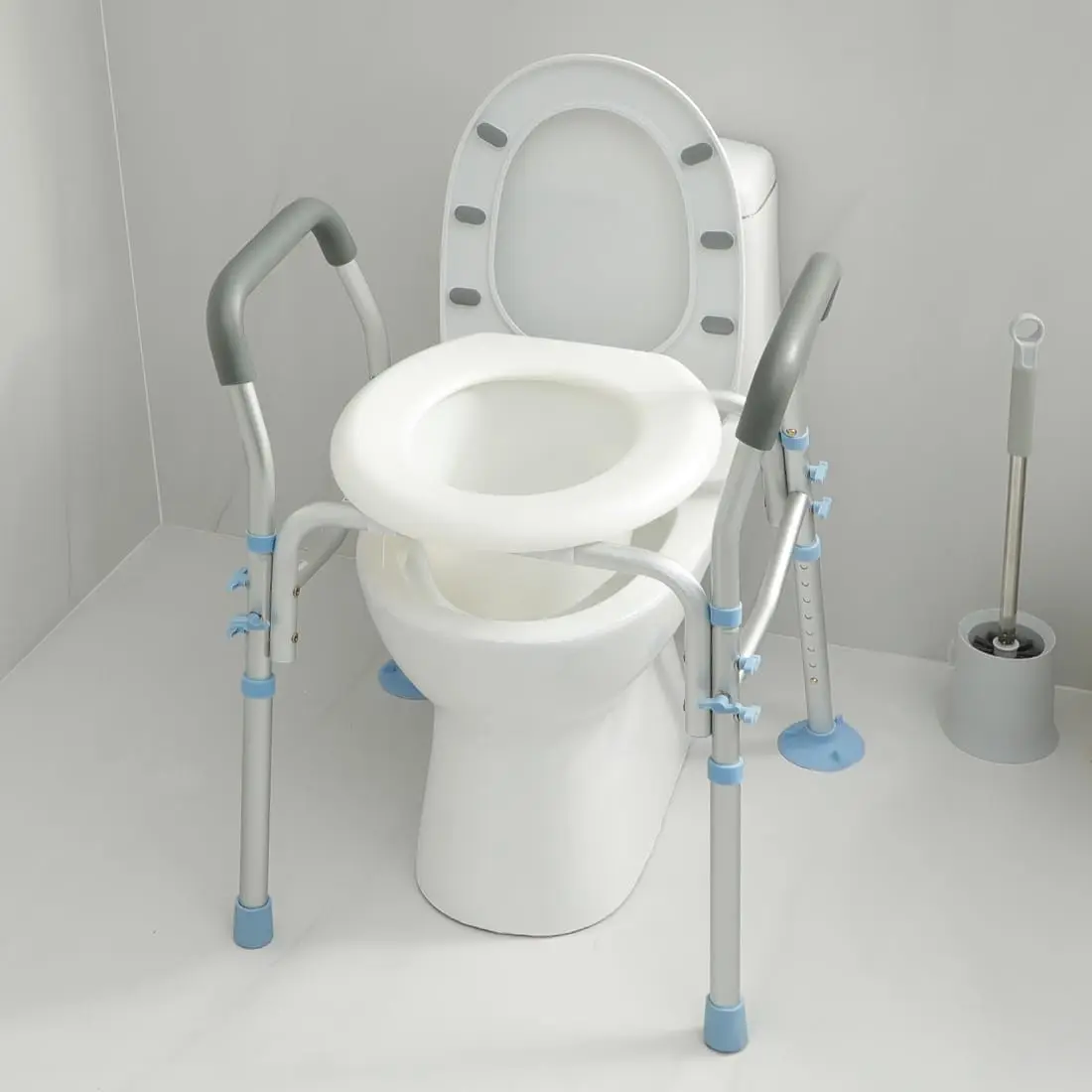 

Stand Alone Raised Toilet Seat 300lbs - Medical Raised Commode Toilet with Splash Guard and Safety Frame, Height Adjustable Legs