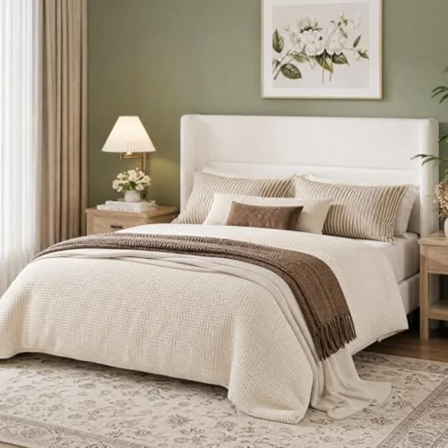 Size Bed Frame with Wingback Headboard for bedroom use, upholstered in premium fabric, available in gray, featuring padded soft